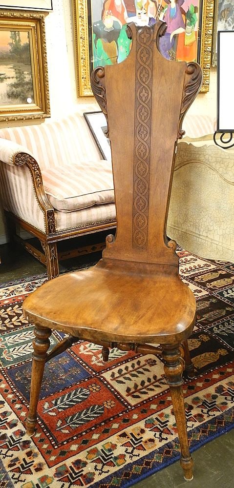 Late 19th C. Hardwood Hall Chair, 45"h.: Late 19th C. Hardwood Hall Chair, 45"h.