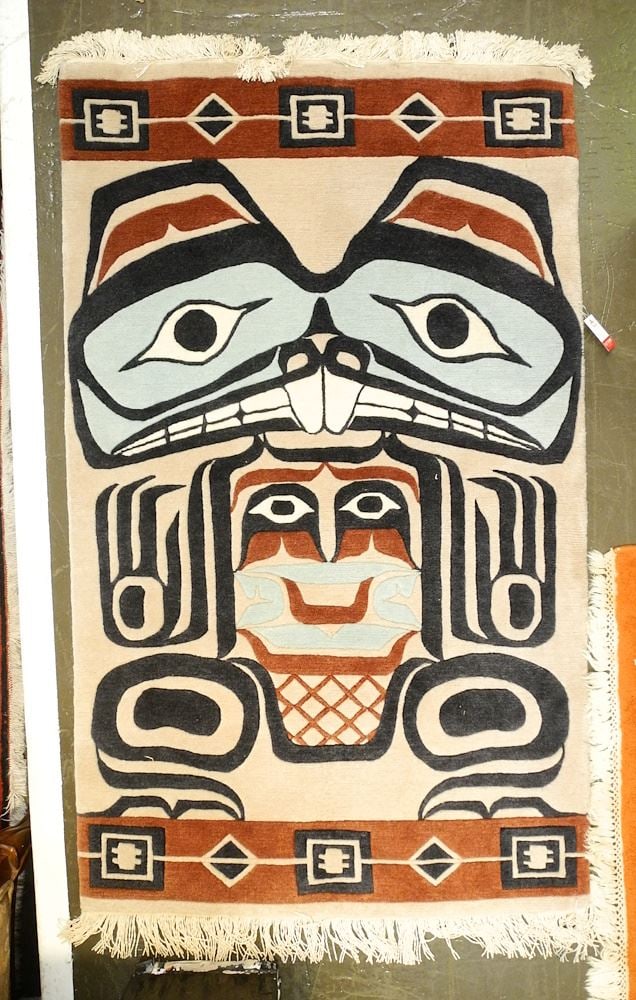Nepalese North-West Art/Trading Post / Beaver Woman Carpet Approximately 5'4" x 3'1".: Nepalese North-West Art/Trading Post / Beaver Woman Carpet Approximately 5'4" x 3'1".