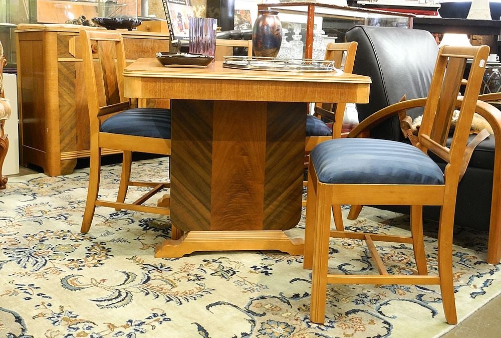 Canadian Art Deco Walnut Dinette Set, Table 48"L (closed).: Canadian Art Deco Walnut Dinette Set, Table 48"L (closed).