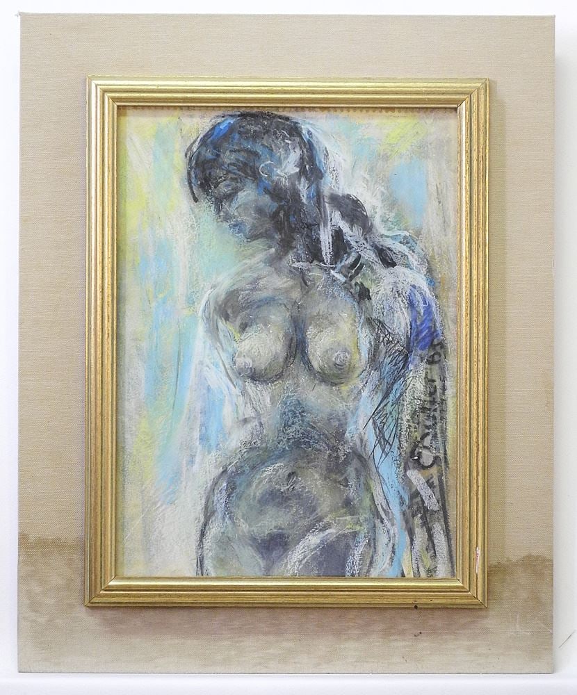 Pastel on Paper signed Indistinctly, 14 1/4" x 10 1/4", "Nude Study".: Pastel on Paper signed Indistinctly, 14 1/4" x 10 1/4", "Nude Study".