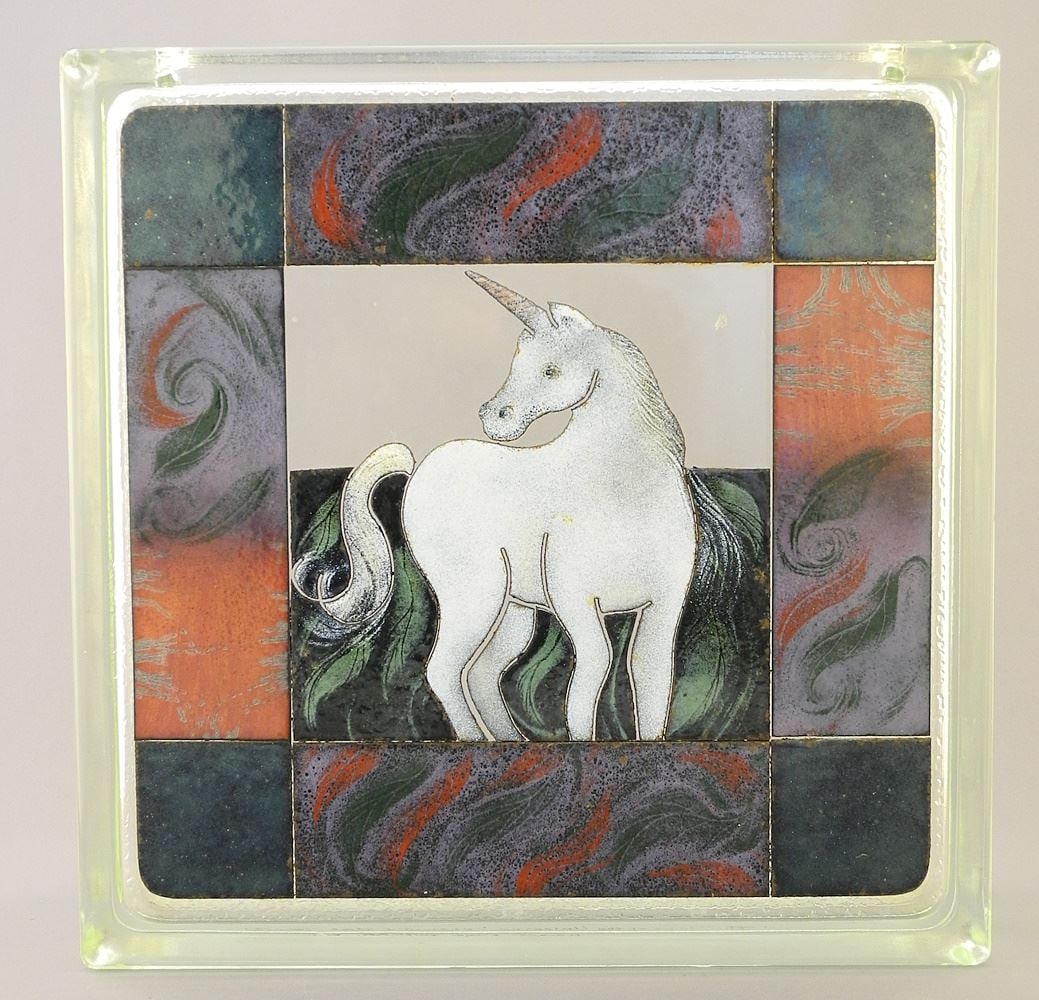 Enameled Steel & Glass Sculpture signed Margot Page 2002, 11 3/4"h, "The Year of the Unicorne": Enameled Steel & Glass Sculpture signed Margot Page 2002, 11 3/4"h, "The Year of the Unicorne"