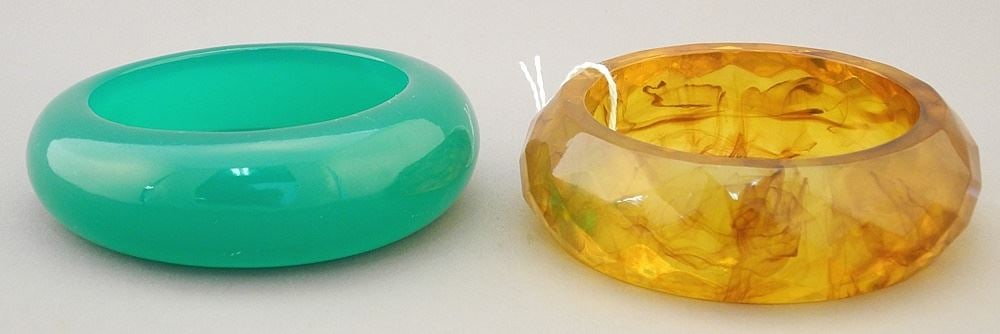 Green Lucite Deco Bracelet & Amber Coloured Lucite Deco Bracelet.: Green Lucite Deco Bracelet & Amber Coloured Lucite Deco Bracelet.