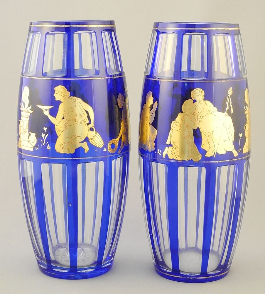 Neoclassical Pair of Cobalt Cut-to- Clear Overlay Glass Vases, 10"h.: Neoclassical Pair of Cobalt Cut-to- Clear Overlay Glass Vases, 10"h.