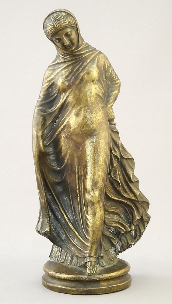 Bronze Tanagra Style Figurine of an Enrobed Woman, 8"h.: Bronze Tanagra Style Figurine of an Enrobed Woman, 8"h.