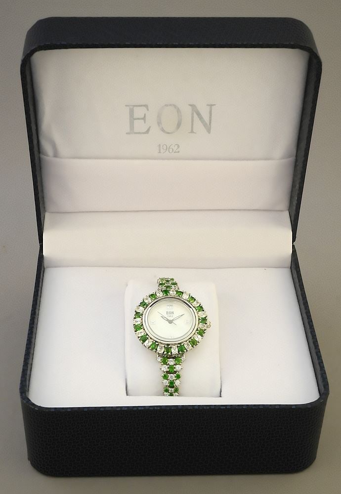 EON 1962 Sterling Silver Chrome Diopside & White Zircon Wristwatch, 43g.: EON 1962 Sterling Silver Chrome Diopside & White Zircon Wristwatch, 43g.