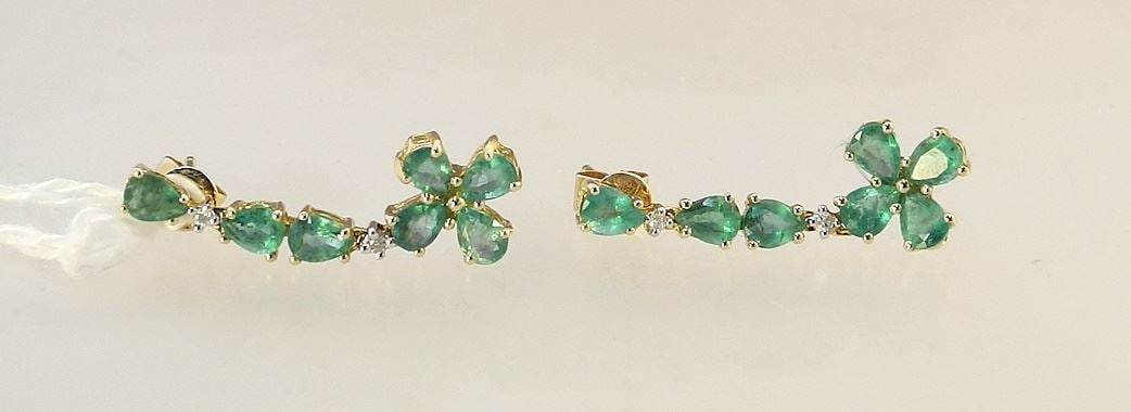 14K Zambian Emerald & Diamond Earrings.: 14K Zambian Emerald & Diamond Earrings.