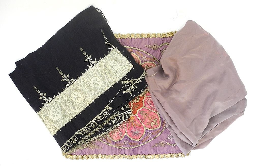Antique Turkish Pillow, Panel & Lilac Silk Fabric (approx. 3 yards).: Antique Turkish Pillow, Panel & Lilac Silk Fabric (approx. 3 yards).