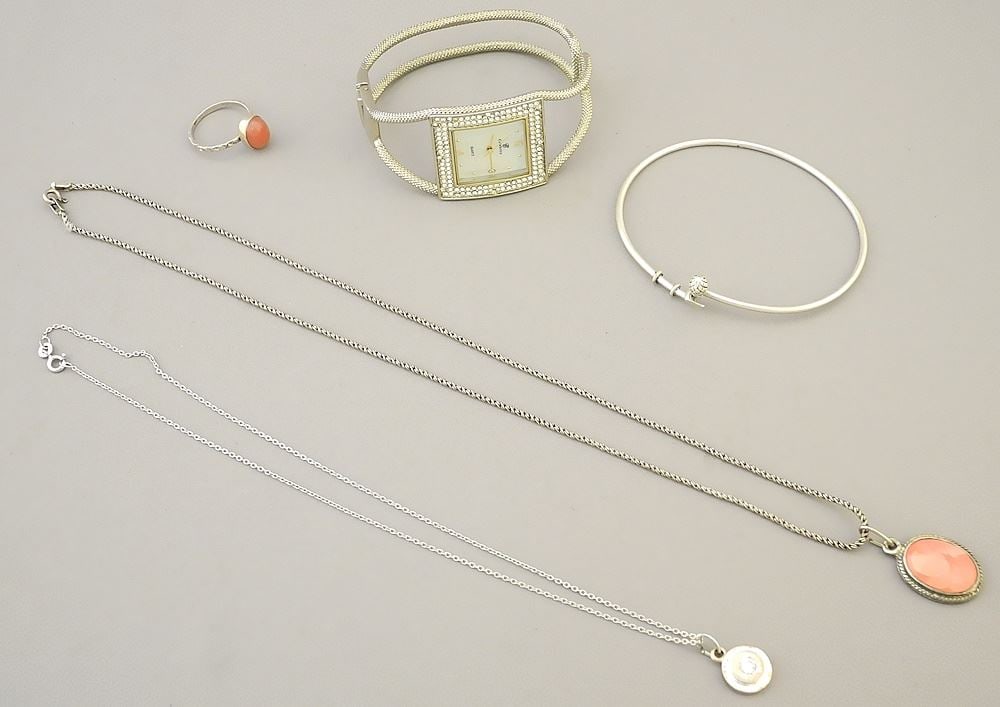 Group of Sterling (925) & Pink Gemstone Jewelry with Ladies Watch with Mother of Pearl Face.: Group of Sterling (925) & Pink Gemstone Jewelry with Ladies Watch with Mother of Pearl Face.