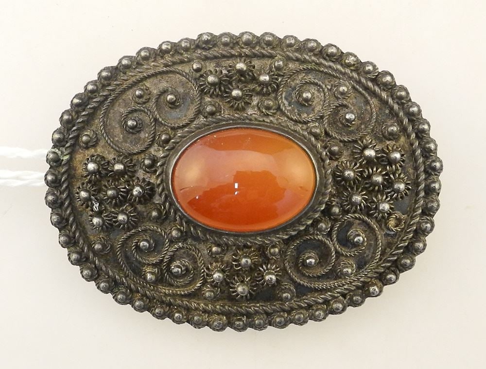 Lebanese Sterling Silver (tested) Oval Carnelian Cabochon Brooch, 2"w, 13.1g.: Lebanese Sterling Silver (tested) Oval Carnelian Cabochon Brooch, 2"w, 13.1g.