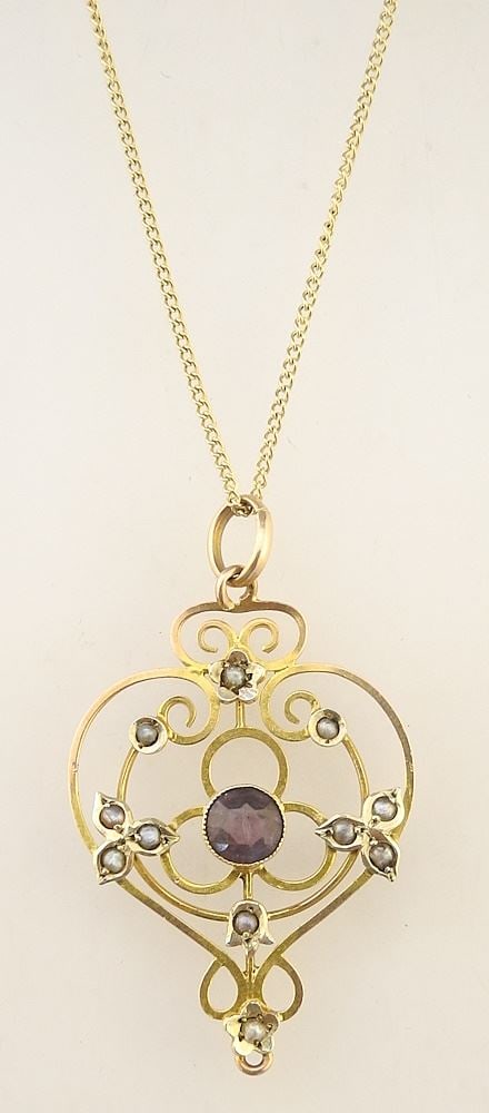 Edwardian 9ct (marked) Seed Pearl & Amethyst Pendant on 9K Chain, 22"L, TW 4.16g.: Edwardian 9ct (marked) Seed Pearl & Amethyst Pendant on 9K Chain, 22"L, TW 4.16g.