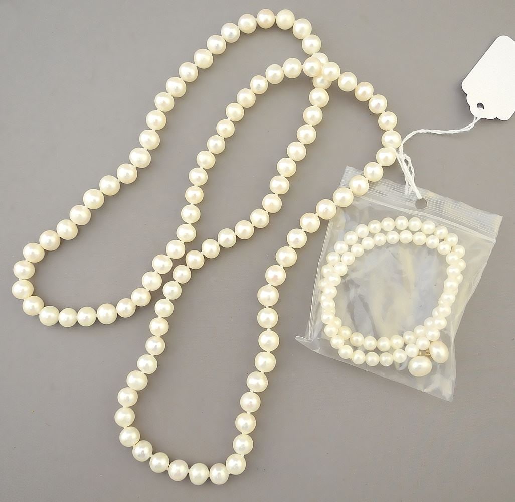 Opera Length Pearl Necklace with 2 Bracelets & 14K Earrings.: Opera Length Pearl Necklace with 2 Bracelets & 14K Earrings.
