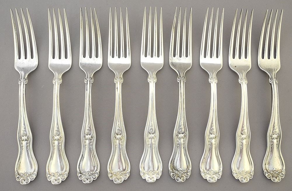 9 International Silver Co. Sterling Silver Salad Forks, 250g.: 9 International Silver Co. Sterling Silver Salad Forks, 250g.