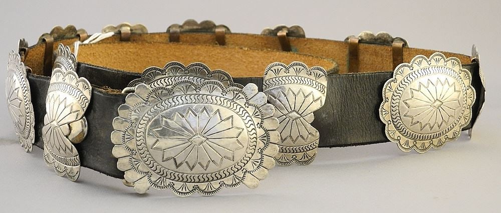 Navajo Silver Concho Belt Monogrammed DJ (Dennis James), 48"L.: Navajo Silver Concho Belt Monogrammed DJ (Dennis James), 48"L.