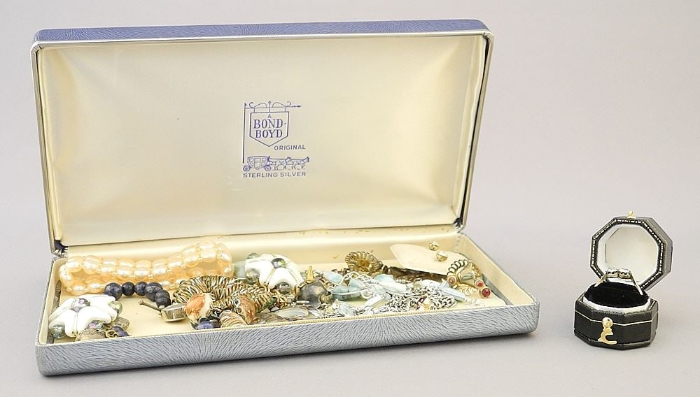 Lot of Costume Jewelry in Bond Boyd Jewelry Box with Rolled Gold Ring in Box.: Lot of Costume Jewelry in Bond Boyd Jewelry Box with Rolled Gold Ring in Box.