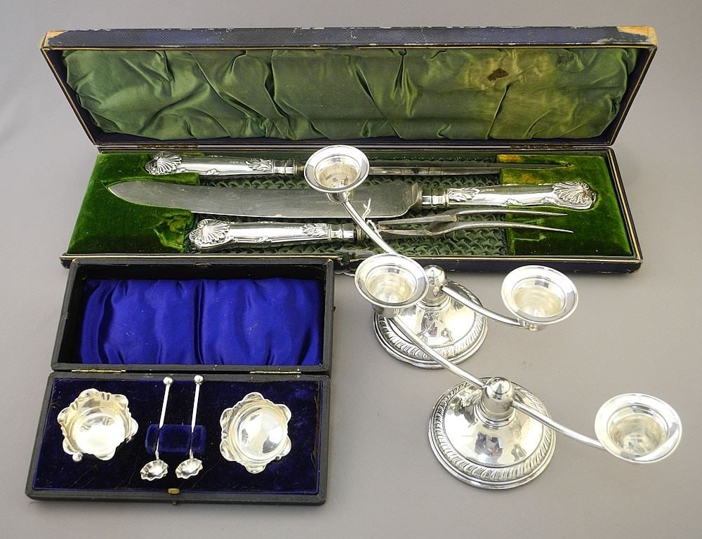 Hallmarked Silver Carving Set with Hallmarked Salts & Sterling Candelabra.: Hallmarked Silver Carving Set with Hallmarked Salts & Sterling Candelabra.