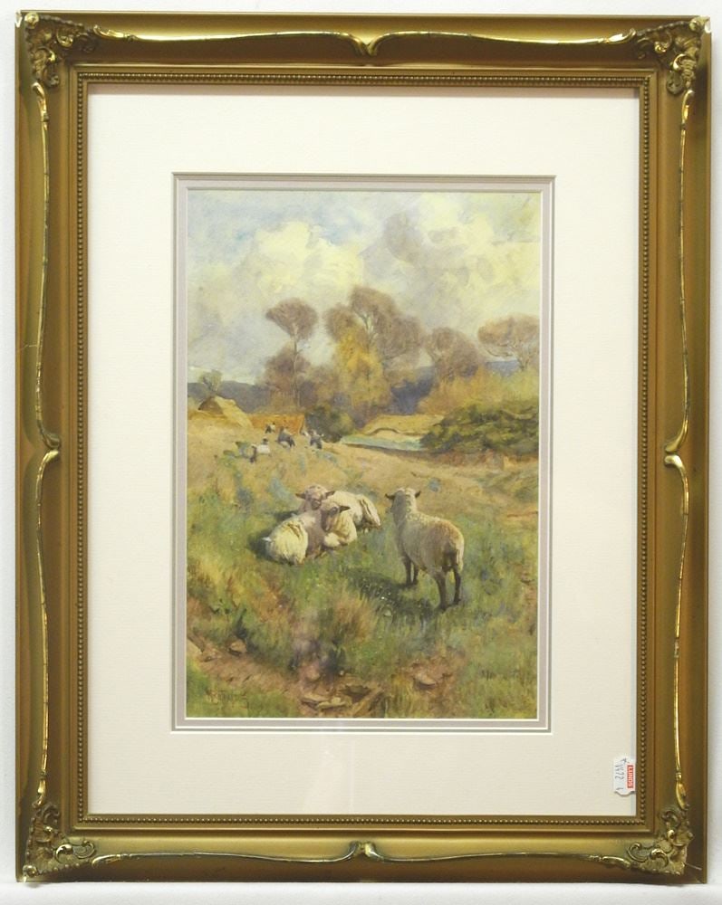 Watercolour signed W. (Walter) Bothams, 11 1/2" x 7 5/8", "Flock of Sheep" (frame bumped). (1 of 3)