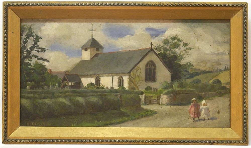 Oil on Canvas signed H.L. Oakley, 8" x 15", "Church Yard with 2 Children" (small hole note: Oil on Canvas signed H.L. Oakley, 8" x 15", "Church Yard with 2 Children" (small hole note