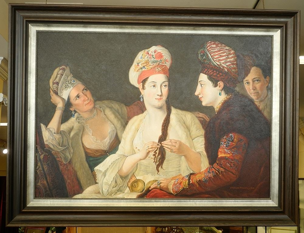 Oil on Canvas signed D. (Dorothy) Bowes-Bowen After DeFavray, 28" x 40", "Turkish Women".: Oil on Canvas signed D. (Dorothy) Bowes-Bowen After DeFavray, 28" x 40", "Turkish Women".