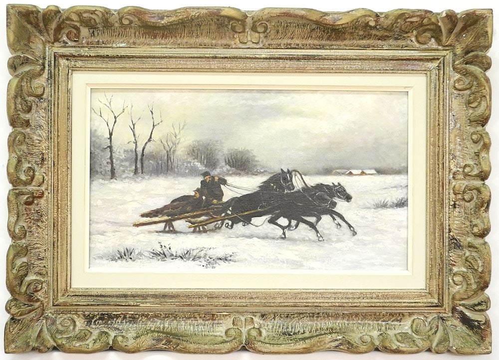 Russian School Oil on Canvas, 10 1/2" x 18", "Troika in the Snow". (1 of 3)