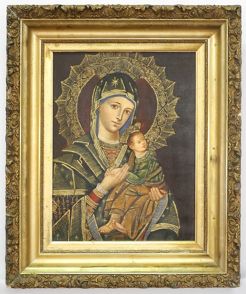 Byzantine Style Oil on Canvas, 15 1/4" x 11 1/2", "Virgin & Child".: Byzantine Style Oil on Canvas, 15 1/4" x 11 1/2", "Virgin & Child".