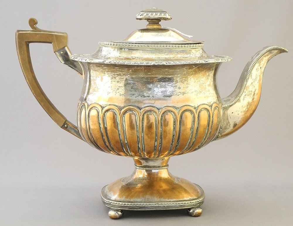 Old Sheffield Plate Teapot, 8 1/4"h (condition noted).: Old Sheffield Plate Teapot, 8 1/4"h (condition noted).