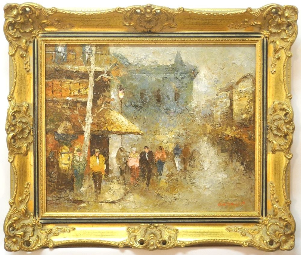 Oil on Canvas signed (Edward) Barton , 16" x 20", "Figures Huddled on a Street".: Oil on Canvas signed (Edward) Barton , 16" x 20", "Figures Huddled on a Street".