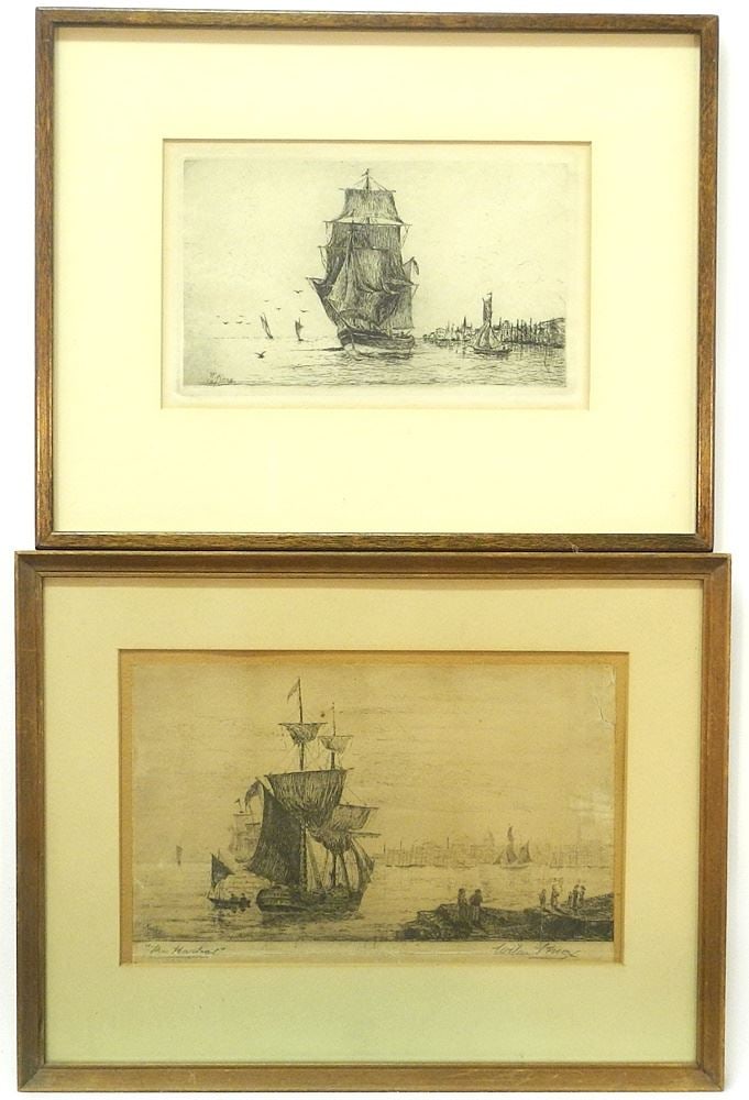2 Etchings by W. Knox, 5" x 8 1/4" & 6" x 9 1/2", "Ships in Port" (condition noted).: 2 Etchings by W. Knox, 5" x 8 1/4" & 6" x 9 1/2", "Ships in Port" (condition noted).
