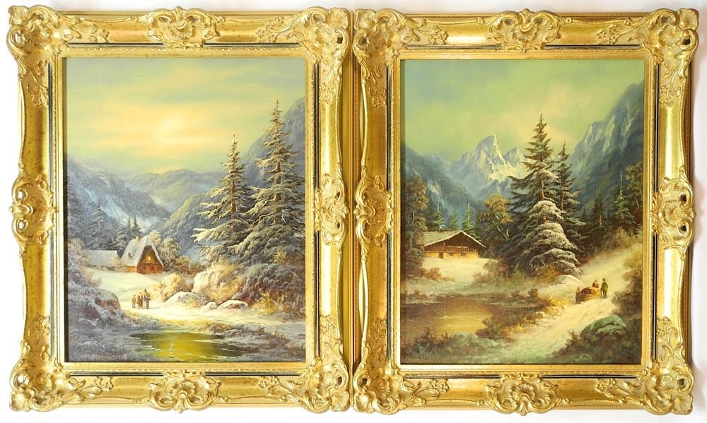 Pair of Oil on Canvas signed (Hans Joachim) Spichalski, 20" x 16", "Tyrolean Winter Scenes". (1 of 8)