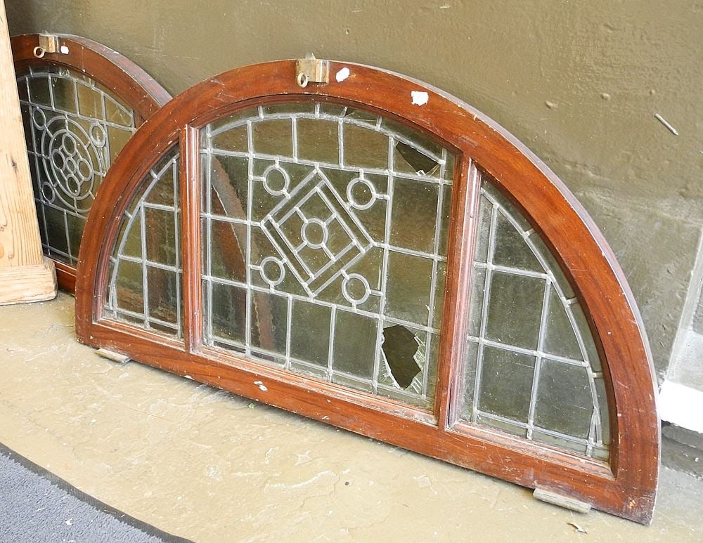 2 Leaded Glass Demi Lune Windows, 44" x 23"h. (1 of 2)