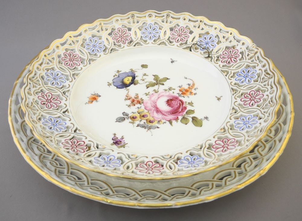 2 Porcelain Plates: Meissen (11 3/4" Diameter) & Unmarked, 13 1/8"h.: 2 Porcelain Plates: Meissen (11 3/4" Diameter) & Unmarked, 13 1/8"h.