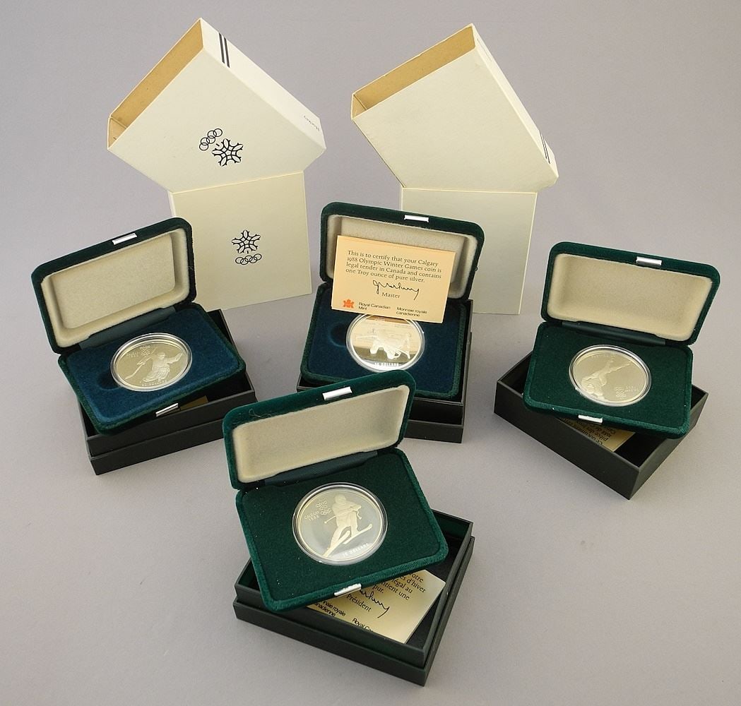 4 Calgary 1988 Olympic 20 Dollar Coins (1 box half missing). (1 of 3)