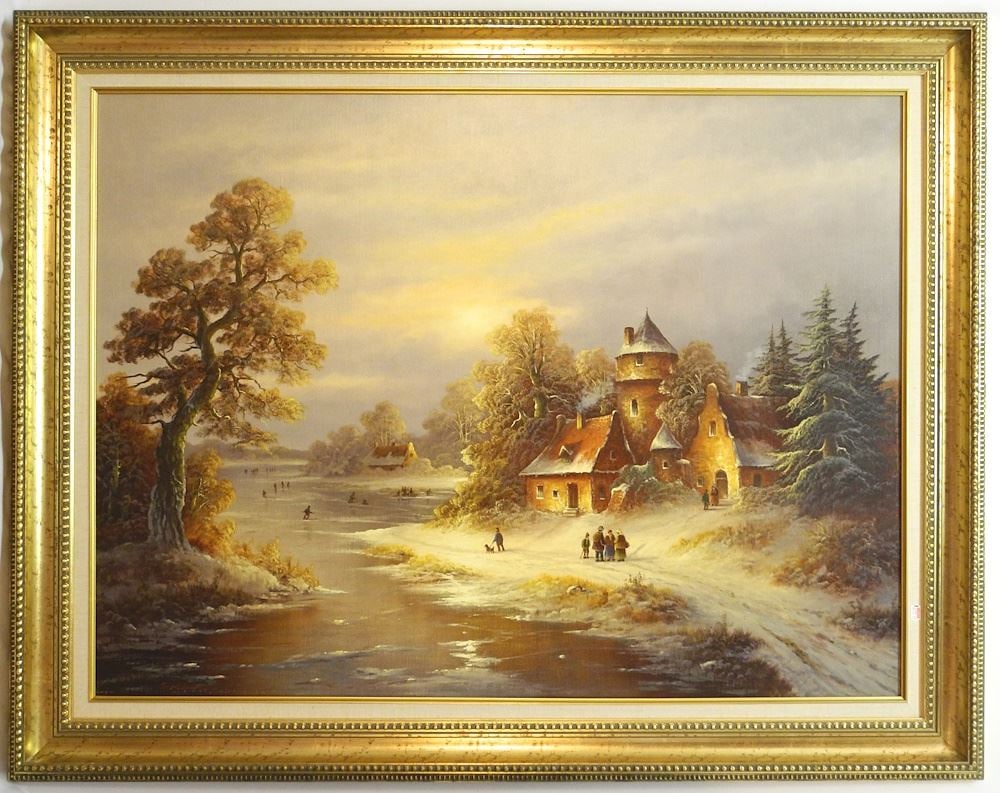 Oil on Canvas signed (Hans Joachim) Spichalski, 30" x 40", "European Winter Scene with Skaters" (1 of 3)