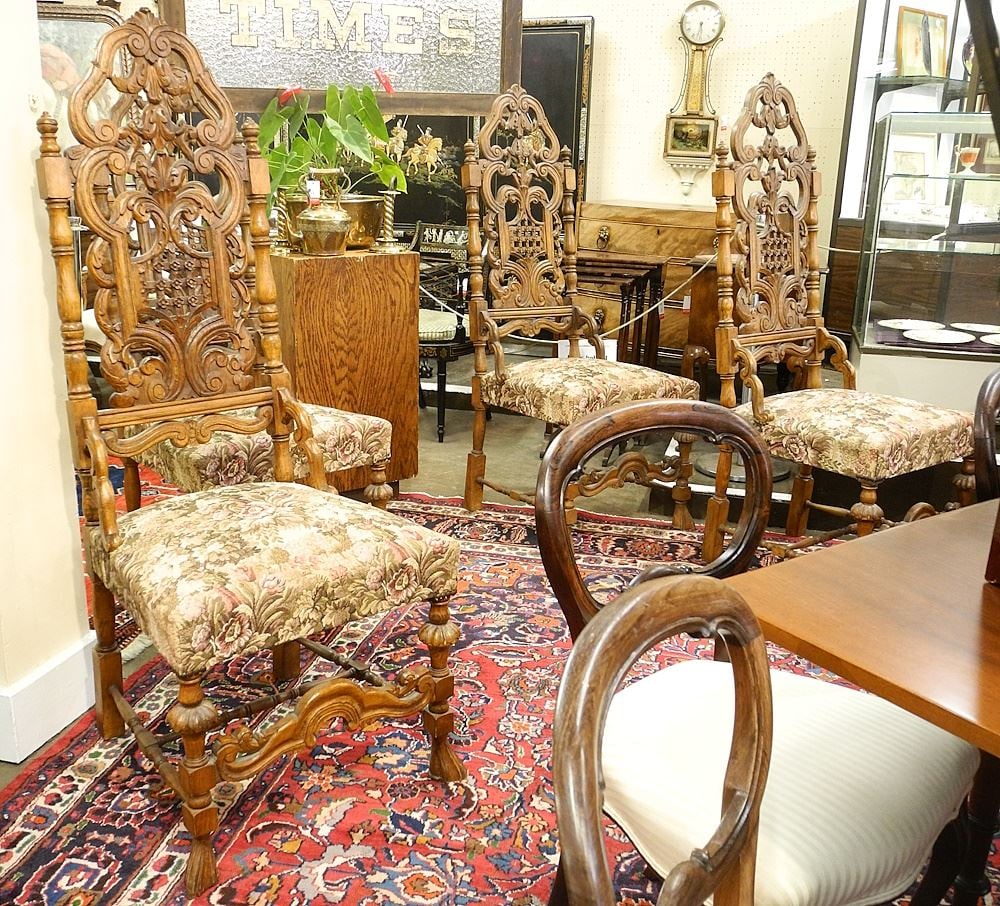 Set of 4 Carved Walnut High Back Chairs. (1 of 4)