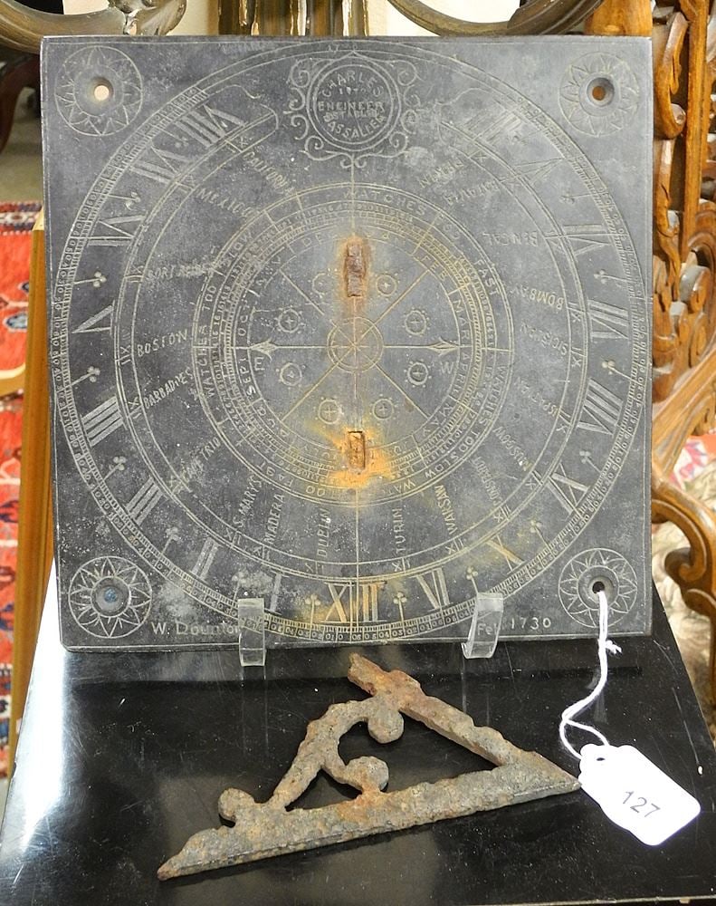 Bronze Sundial: Charles Bassalleg / W Dounton Feb.1730, 9" x 9" (as found).: Bronze Sundial: Charles Bassalleg / W Dounton Feb.1730, 9" x 9" (as found).
