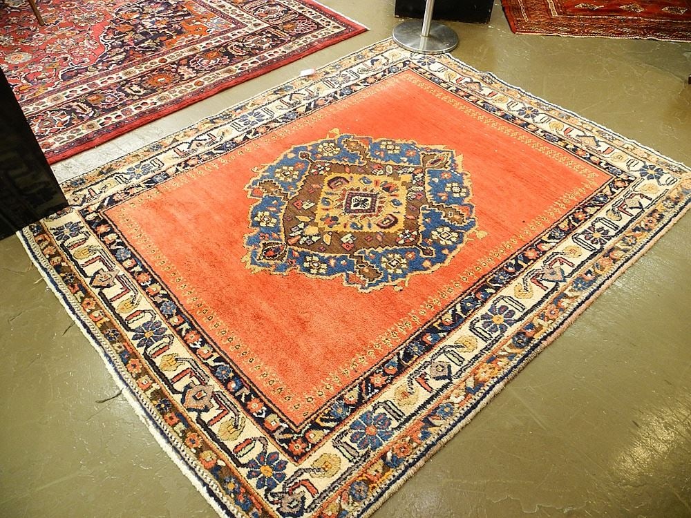 Hand Knotted Persian Wool Carpet, Ruby Field / Blue Medallion Approximately 6'7" x 5'3". (1 of 4)