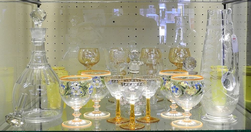 Collection of Crystal Decanters with Amber & Enameled Stemware. (1 of 2)