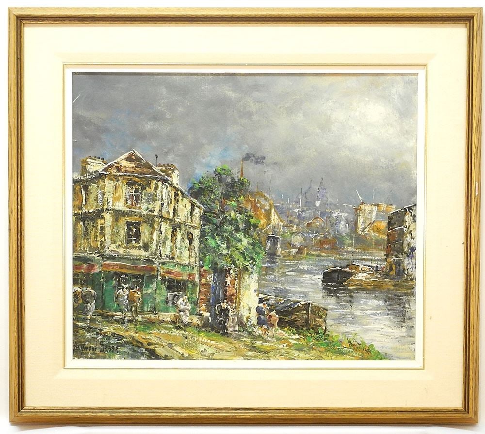 Oil on Canvas signed Raymond Besse, 18" x 21 1/2", "La Seine a'lile St. Denis".: Oil on Canvas signed Raymond Besse, 18" x 21 1/2", "La Seine a'lile St. Denis".