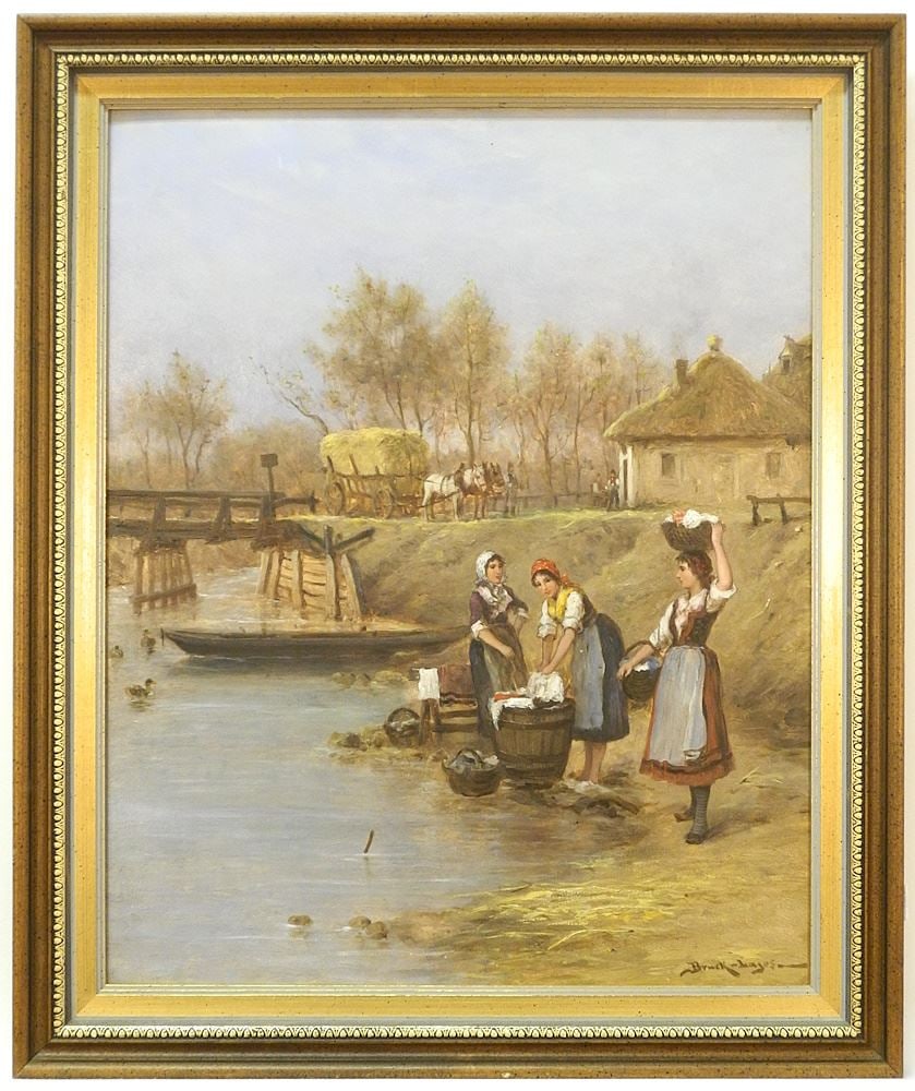 Oil on Board signed Bruck Lajos, 17 1/2" x 14 1/8", "Washer Women at the Stream".: Oil on Board signed Bruck Lajos, 17 1/2" x 14 1/8", "Washer Women at the Stream".
