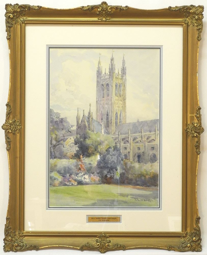 Watercolour signed P.E. Bishopp, 14 1/2" x 10", "Bell Harry Tower, Canterbury".: Watercolour signed P.E. Bishopp, 14 1/2" x 10", "Bell Harry Tower, Canterbury".