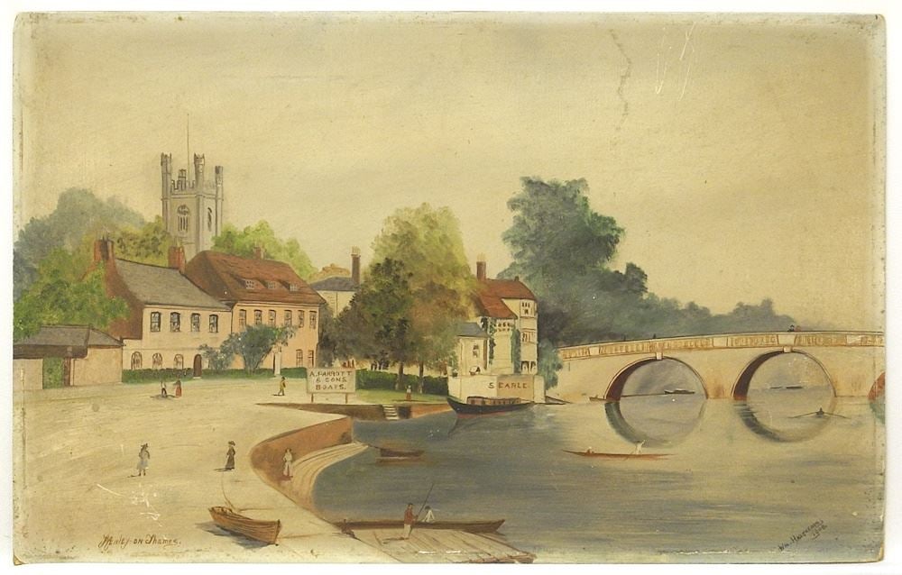 Mixed media on Board signed WM (William J) Hargreaves 1908, 12" x 19", "Henley on Thames/Par: Mixed media on Board signed WM (William J) Hargreaves 1908, 12" x 19", "Henley on Thames/Par