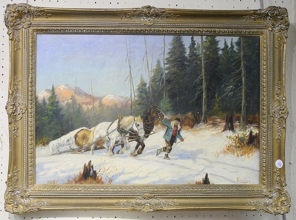 Oil on Canvas signed W. G. Granley, "Hauling Logs". (1 of 3)