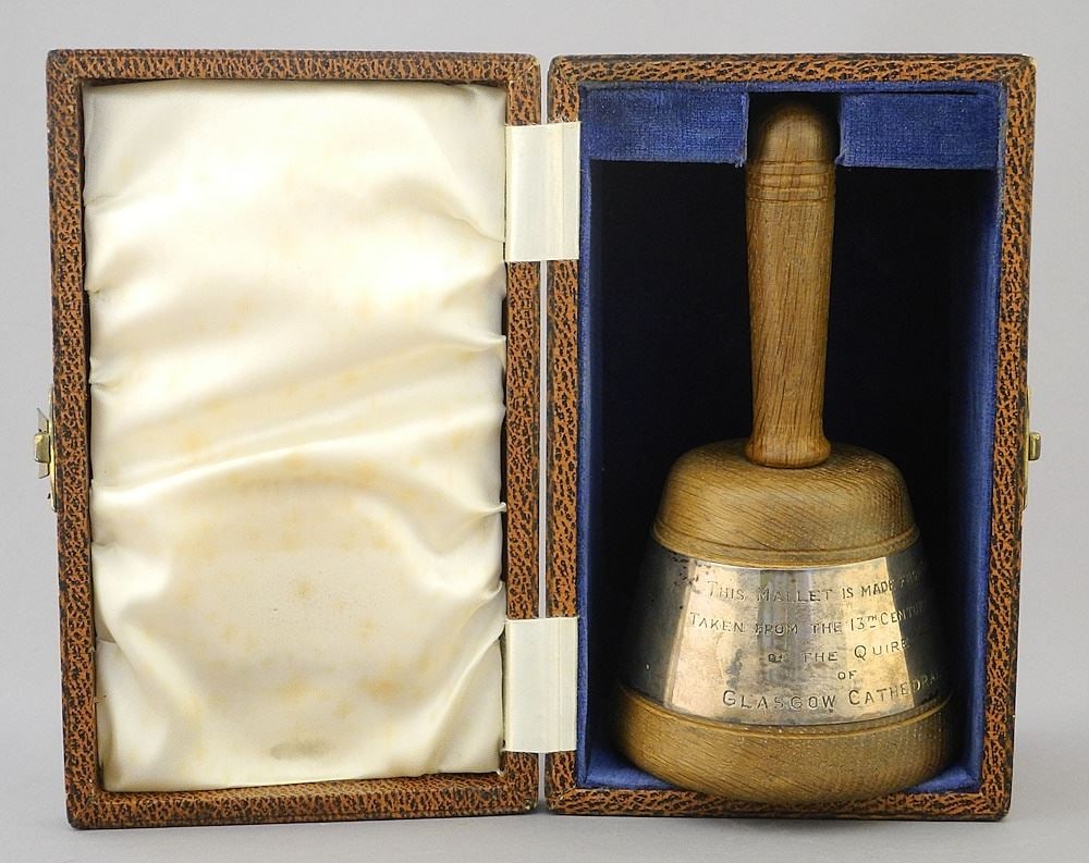 Silver Banded Oak Mallet: 13th C. Roof of the Quire Glasgow Cathedral in Case, 6 3/8"h.: Silver Banded Oak Mallet: 13th C. Roof of the Quire Glasgow Cathedral in Case, 6 3/8"h.