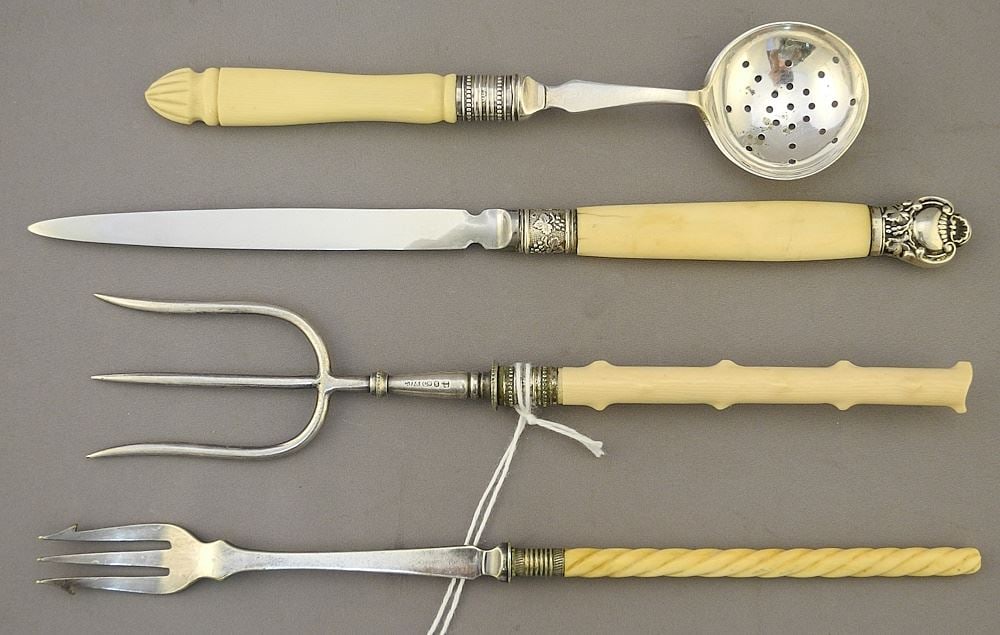 3 Antique Cutlery Items & Letter Opener with Carved Handles, 6 7/8" - 8 3/4"L, NO EXPORT.: 3 Antique Cutlery Items & Letter Opener with Carved Handles, 6 7/8" - 8 3/4"L, NO EXPORT.