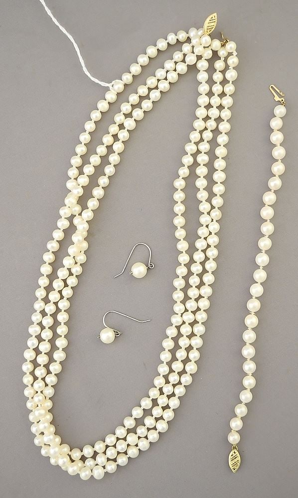 3 Strand Pearl Necklace, Bracelet & Earrings with 14K Clasps. (1 of 2)