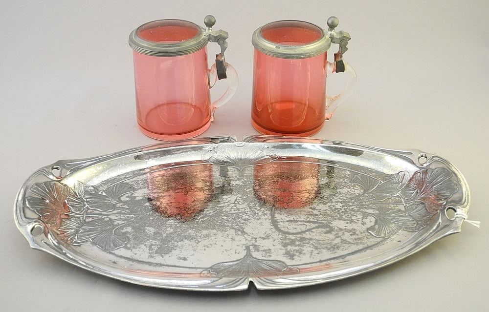 2 Cranberry Glass Tankards & Christofle Gallia Metal Tray, Surface Noted, 14" Wide.: 2 Cranberry Glass Tankards & Christofle Gallia Metal Tray, Surface Noted, 14" Wide.