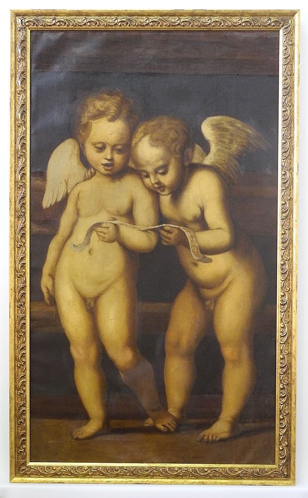 Unsigned Oil on Canvas, 28 7/8" x 16 1/2", "Putti Studying Musical Score". (1 of 5)