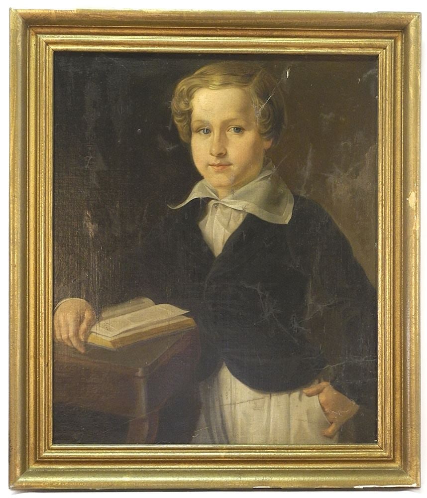 19th C. Unsigned Oil on Canvas Mounted on Board, 23" x 19 1/8", "Young Boy with Book".: 19th C. Unsigned Oil on Canvas Mounted on Board, 23" x 19 1/8", "Young Boy with Book".
