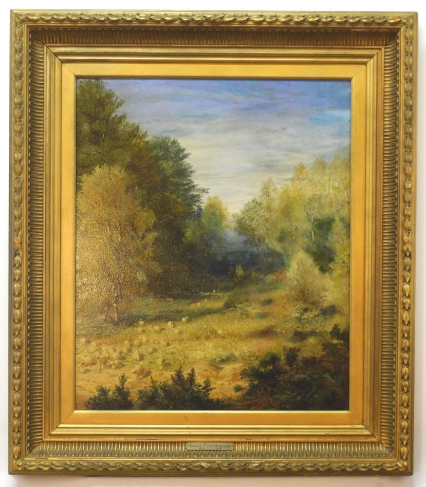 Oil on Board Attributed to David Farquharson, 23 5/8" x 19 1/2", "Flock of Sheep". (1 of 3)