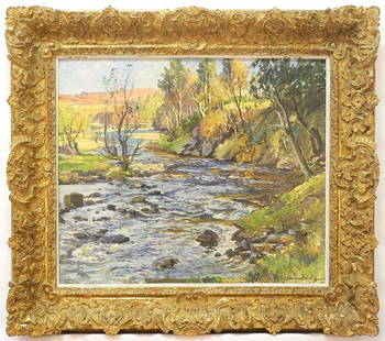 Oil on Canvas signed S.J. (Samuel John) Lamorna Birch 1943, 19" x 22 1/2", "River in Summer": Oil on Canvas signed S.J. (Samuel John) Lamorna Birch 1943, 19" x 22 1/2", "River in Summer"