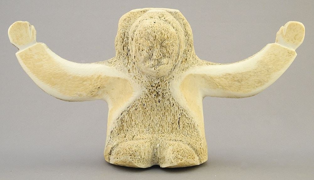 Unsigned Inuit Whale Bone Figure, 5" x 9 1/4" x 3".: Unsigned Inuit Whale Bone Figure, 5" x 9 1/4" x 3".